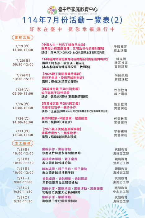 臺中市家庭教育中心114年7月份活動一覽表2圖片