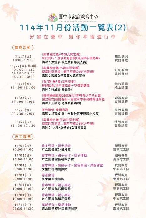 臺中市家庭教育中心114年11月份活動一覽表2