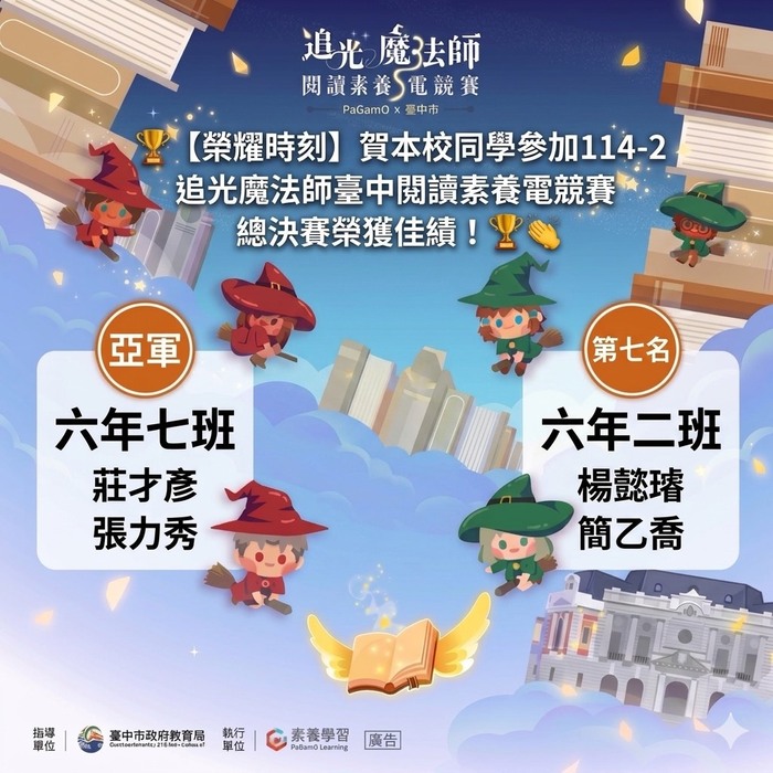 本校同學參加114-2 追光魔法師臺中閱讀素養電競賽總決賽榮獲佳績！